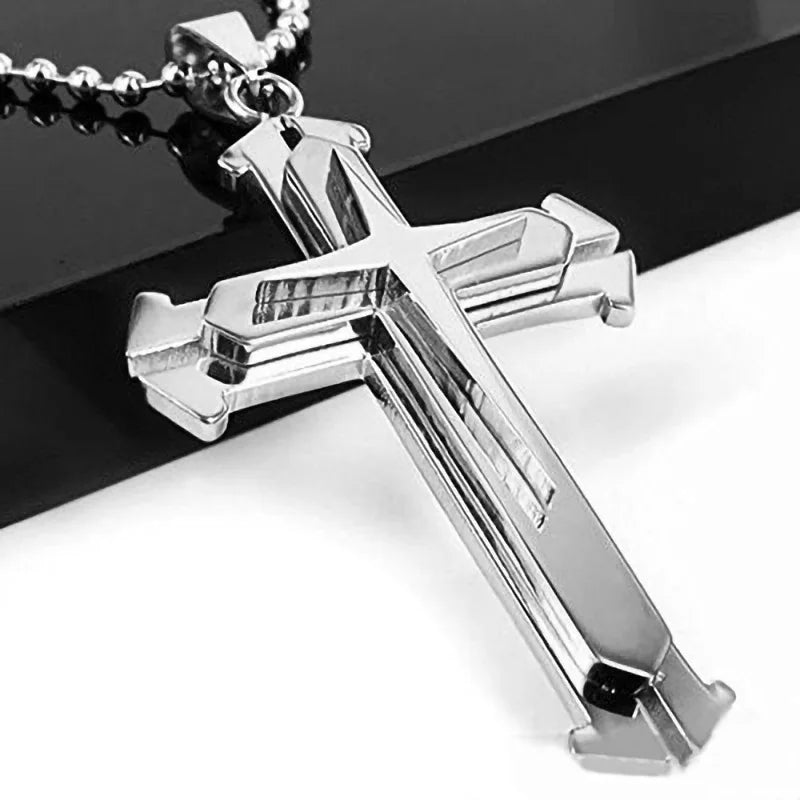 Men’s Stainless Steel Cross Pendant Necklace – CZ Accent, Punk Streetwear Style