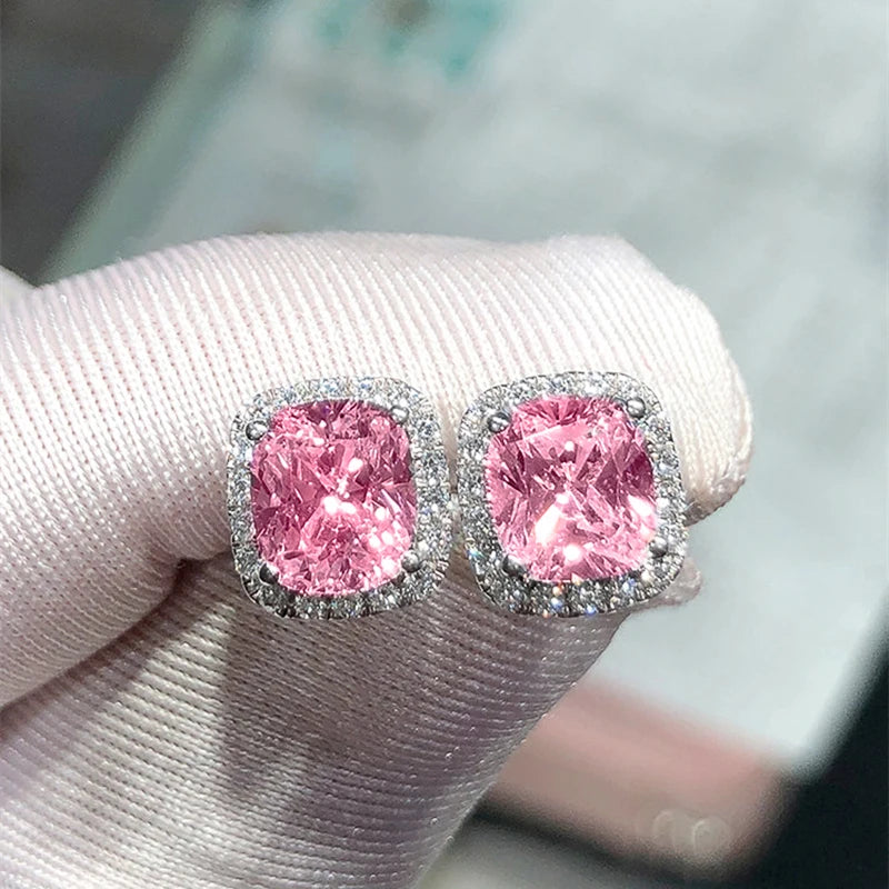 CAOSHI Cushion-Cut CZ Stud Earrings – Pink, White & Yellow Cubic Zirconia Set