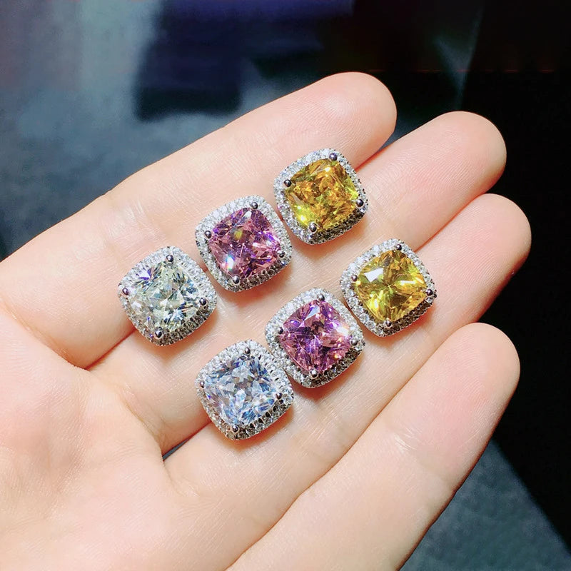 CAOSHI Cushion-Cut CZ Stud Earrings – Pink, White & Yellow Cubic Zirconia Set