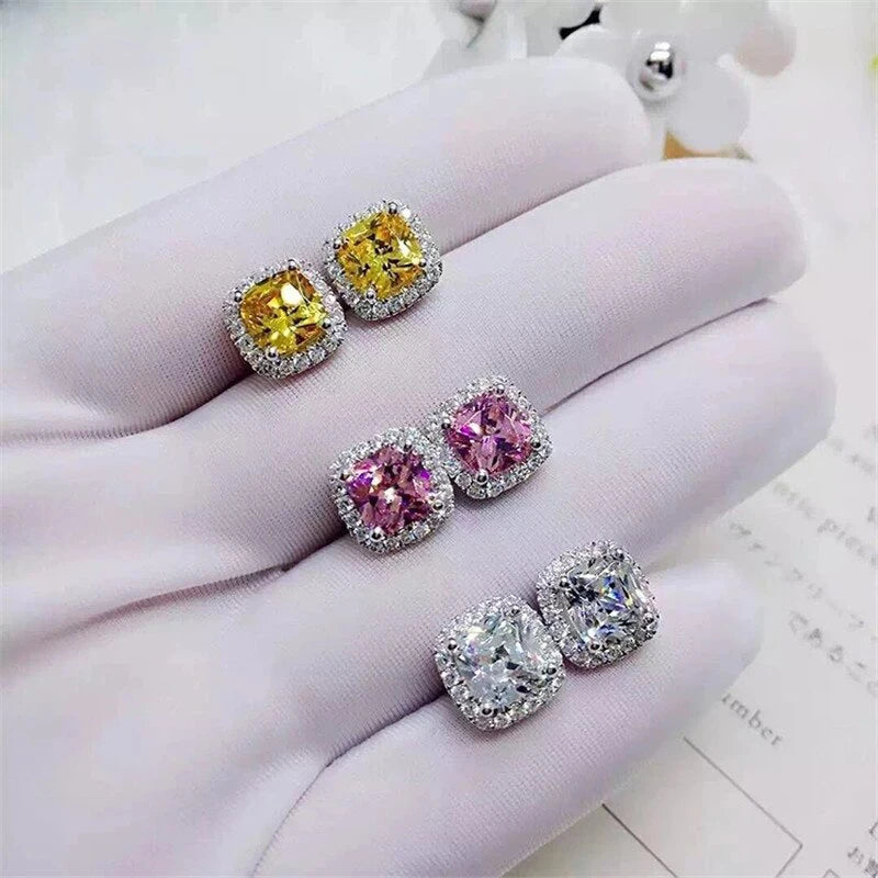 CAOSHI Cushion-Cut CZ Stud Earrings – Pink, White & Yellow Cubic Zirconia Set