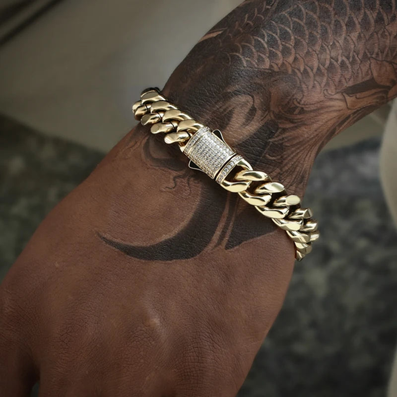 12mm Miami Cuban Link Bracelet - 14K Gold Plated