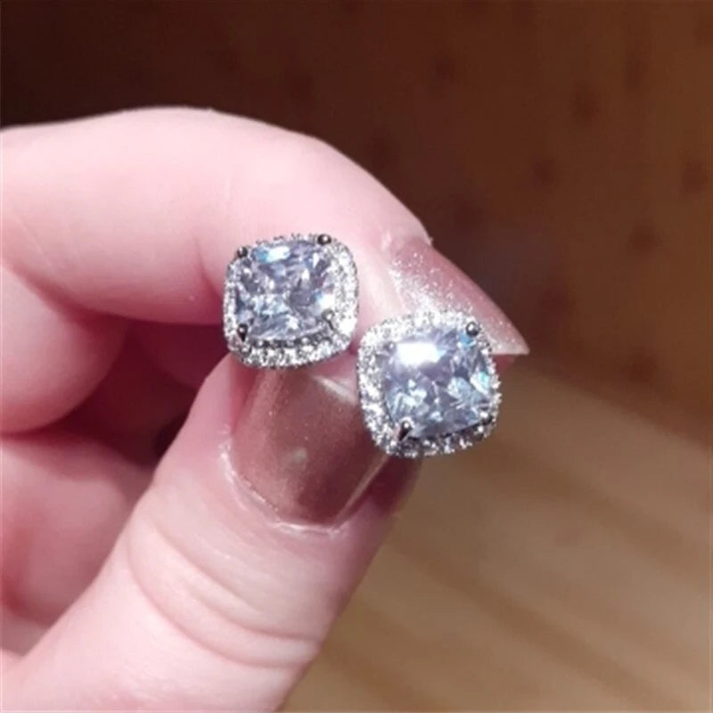 CAOSHI Cushion-Cut CZ Stud Earrings – Pink, White & Yellow Cubic Zirconia Set