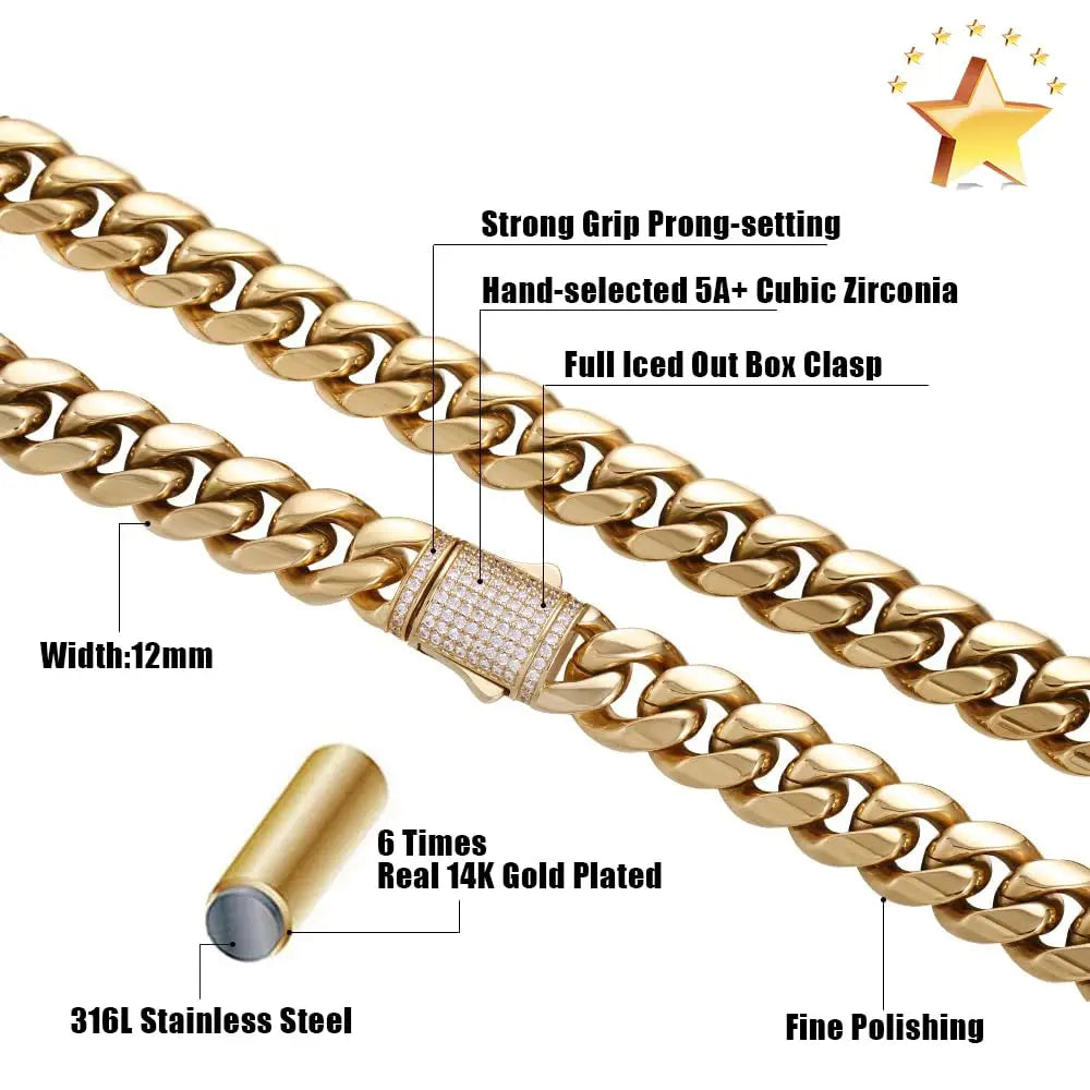 12mm Miami Cuban Link Bracelet - 14K Gold Plated