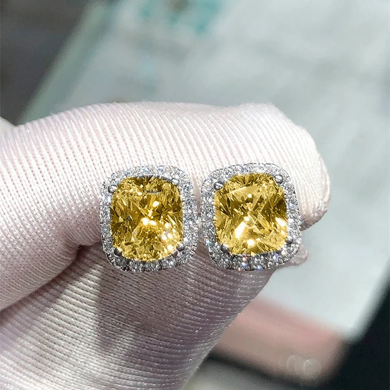 CAOSHI Cushion-Cut CZ Stud Earrings – Pink, White & Yellow Cubic Zirconia Set