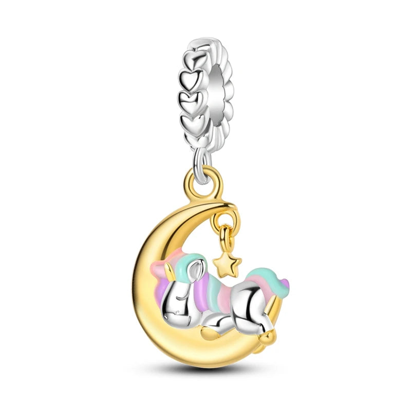 Original 925 Sterling Silver Gold Series DIY Charms Beads Inlaid Zirconium Sun Leopard Pendants Fit Bracelet DIY Jewelry Making