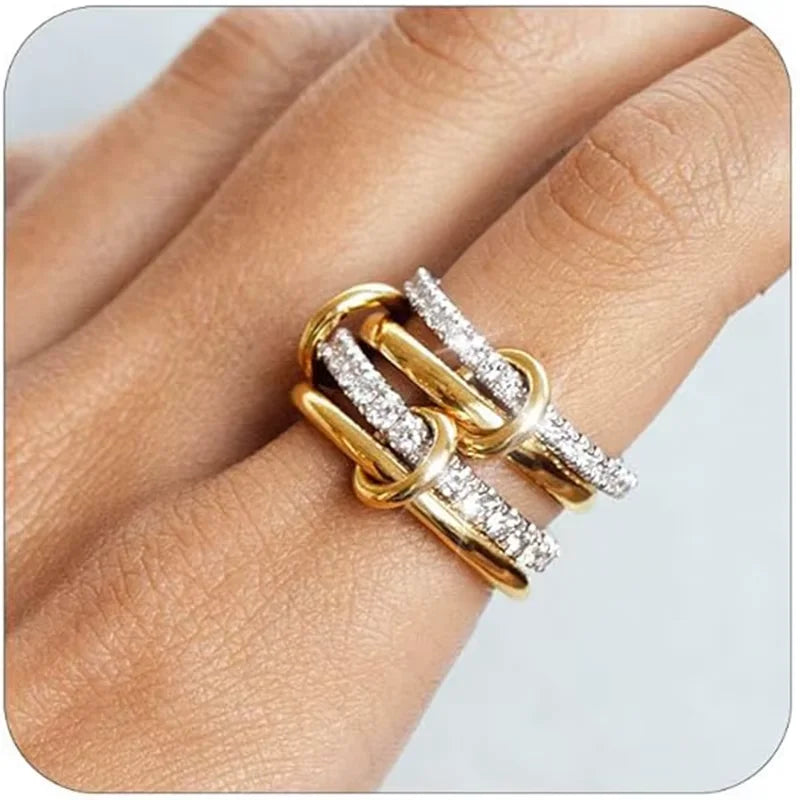 Interlocked Trio Stacking Ring Set – 18K Gold Plated CZ Statement Rings