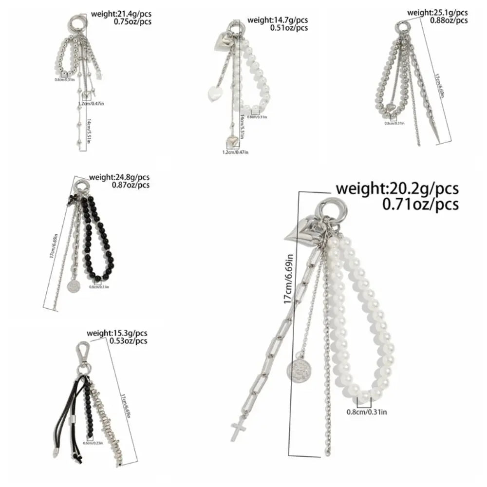Fashion Metal Pearl Beaded Keychain Peach Heart Shape Tassel Decoration Bead Bag Chain Pendant Jewelry Bag Accessories