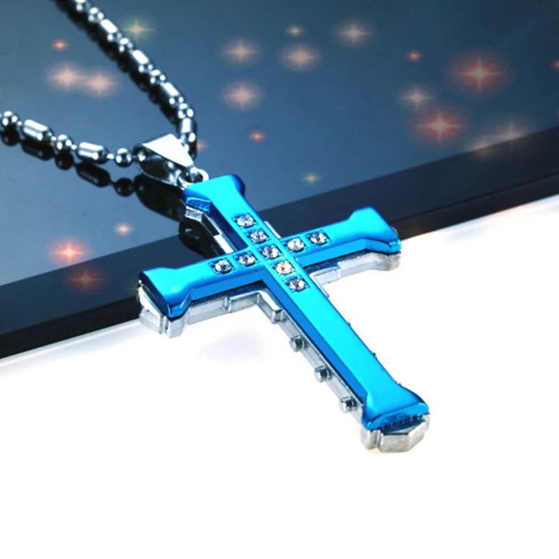 Men’s Stainless Steel Cross Pendant Necklace – CZ Accent, Punk Streetwear Style