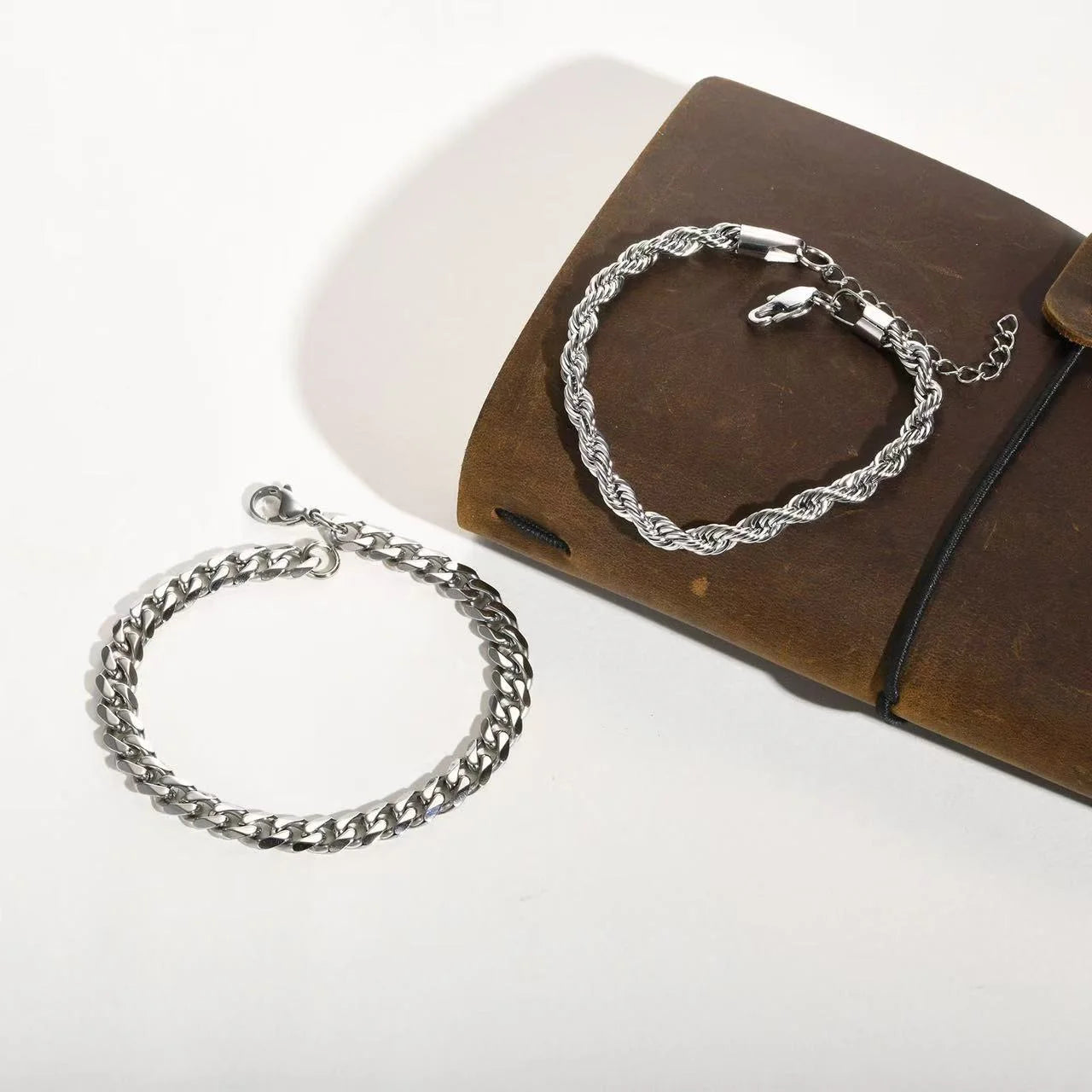 Men’s Stainless Steel Chain Bracelet Set (2pcs) – Cuban Link & Twisted Rope