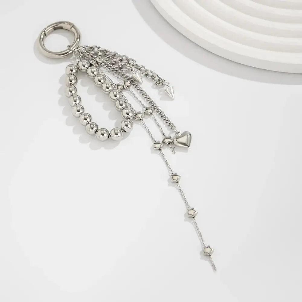 Fashion Metal Pearl Beaded Keychain Peach Heart Shape Tassel Decoration Bead Bag Chain Pendant Jewelry Bag Accessories