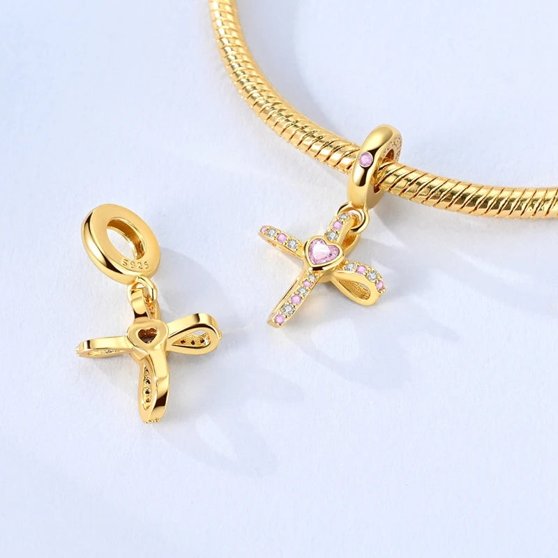 Original 925 Sterling Silver Gold Series DIY Charms Beads Inlaid Zirconium Sun Leopard Pendants Fit Bracelet DIY Jewelry Making