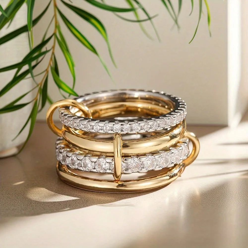 Interlocked Trio Stacking Ring Set – 18K Gold Plated CZ Statement Rings