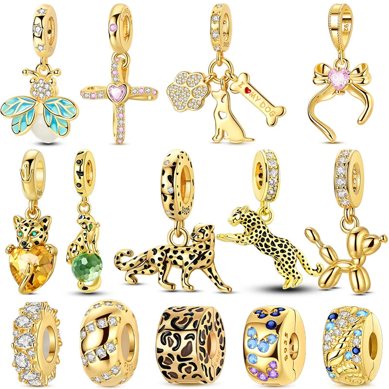 Original 925 Sterling Silver Gold Series DIY Charms Beads Inlaid Zirconium Sun Leopard Pendants Fit Bracelet DIY Jewelry Making