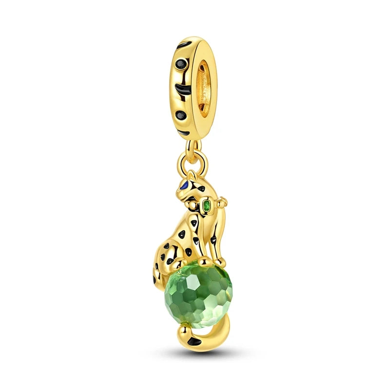 Original 925 Sterling Silver Gold Series DIY Charms Beads Inlaid Zirconium Sun Leopard Pendants Fit Bracelet DIY Jewelry Making