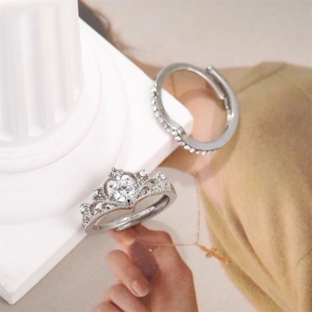2PCS Fairy Sparkling Crown Rings for Women & Teens, Adjustable Crystal Korean Party Queen Ring Set