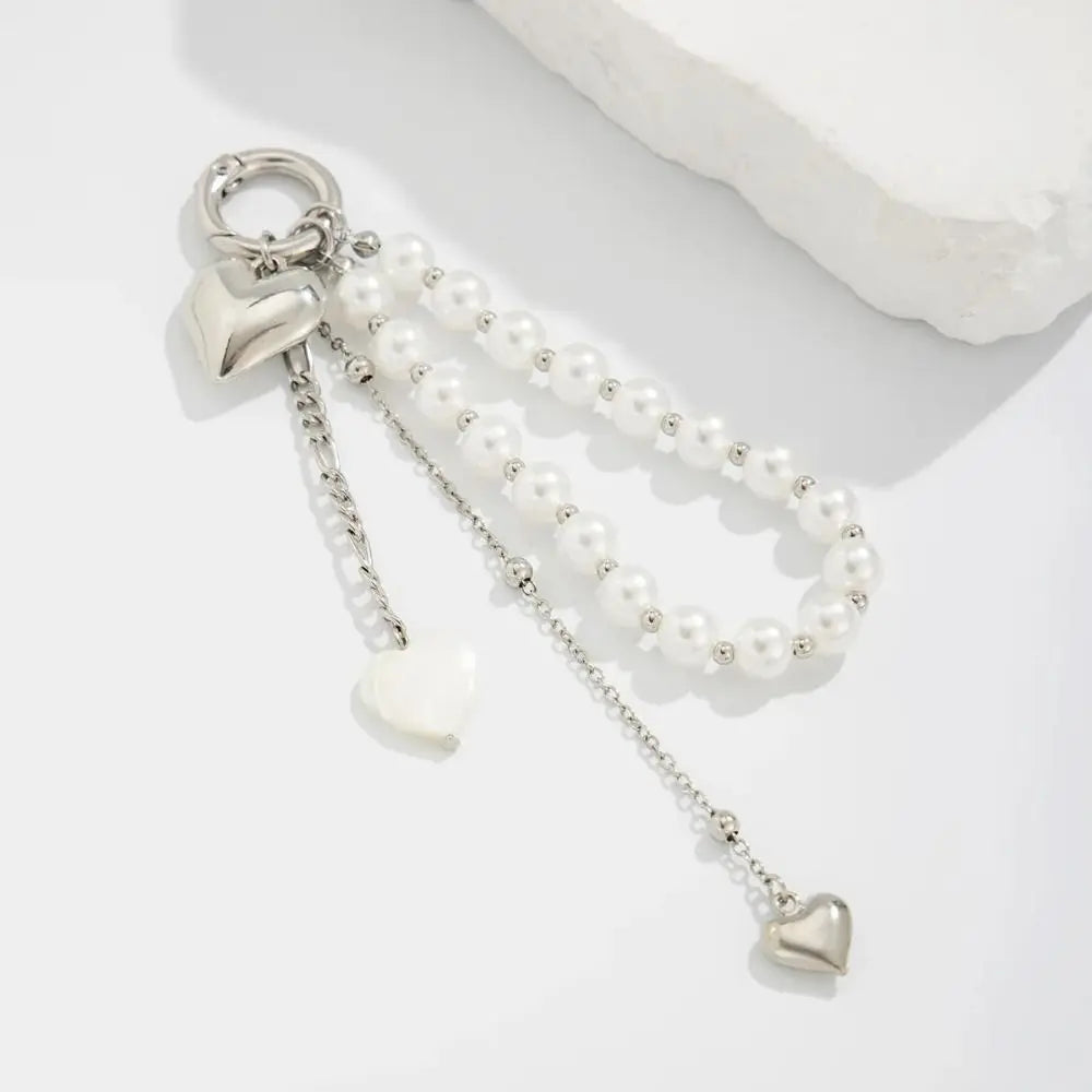 Fashion Metal Pearl Beaded Keychain Peach Heart Shape Tassel Decoration Bead Bag Chain Pendant Jewelry Bag Accessories