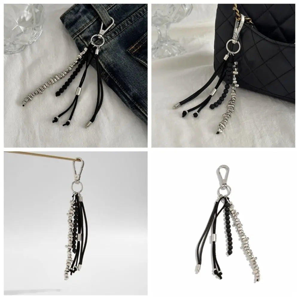 Fashion Metal Pearl Beaded Keychain Peach Heart Shape Tassel Decoration Bead Bag Chain Pendant Jewelry Bag Accessories