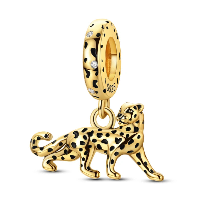 Original 925 Sterling Silver Gold Series DIY Charms Beads Inlaid Zirconium Sun Leopard Pendants Fit Bracelet DIY Jewelry Making