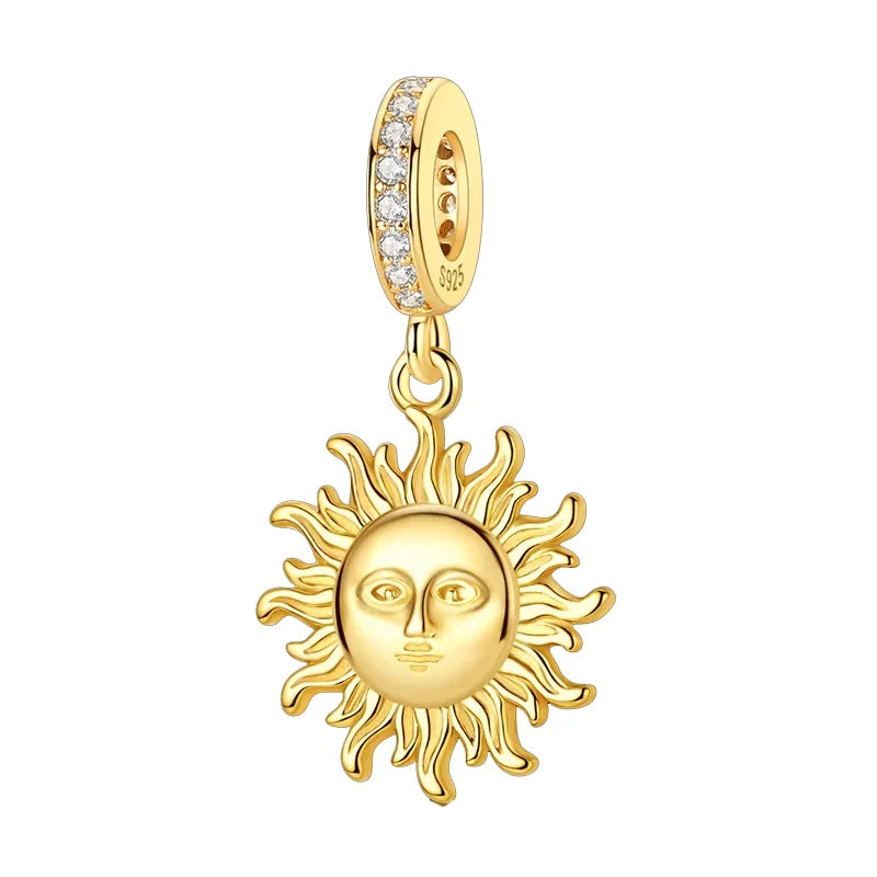 Original 925 Sterling Silver Gold Series DIY Charms Beads Inlaid Zirconium Sun Leopard Pendants Fit Bracelet DIY Jewelry Making