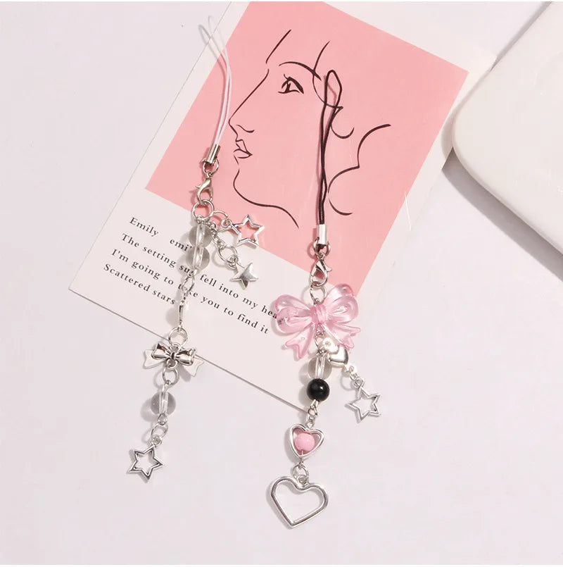 Goth Phone Charm Bow Heart Star Keychain Pendant PLR Kawaii Key Chain Bag Phone Chain Cute Accessory For Girls Women Jewelry