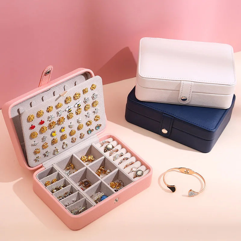 Portable double-layer buttoned jewelry storage box necklace watch, earring ring jewelry