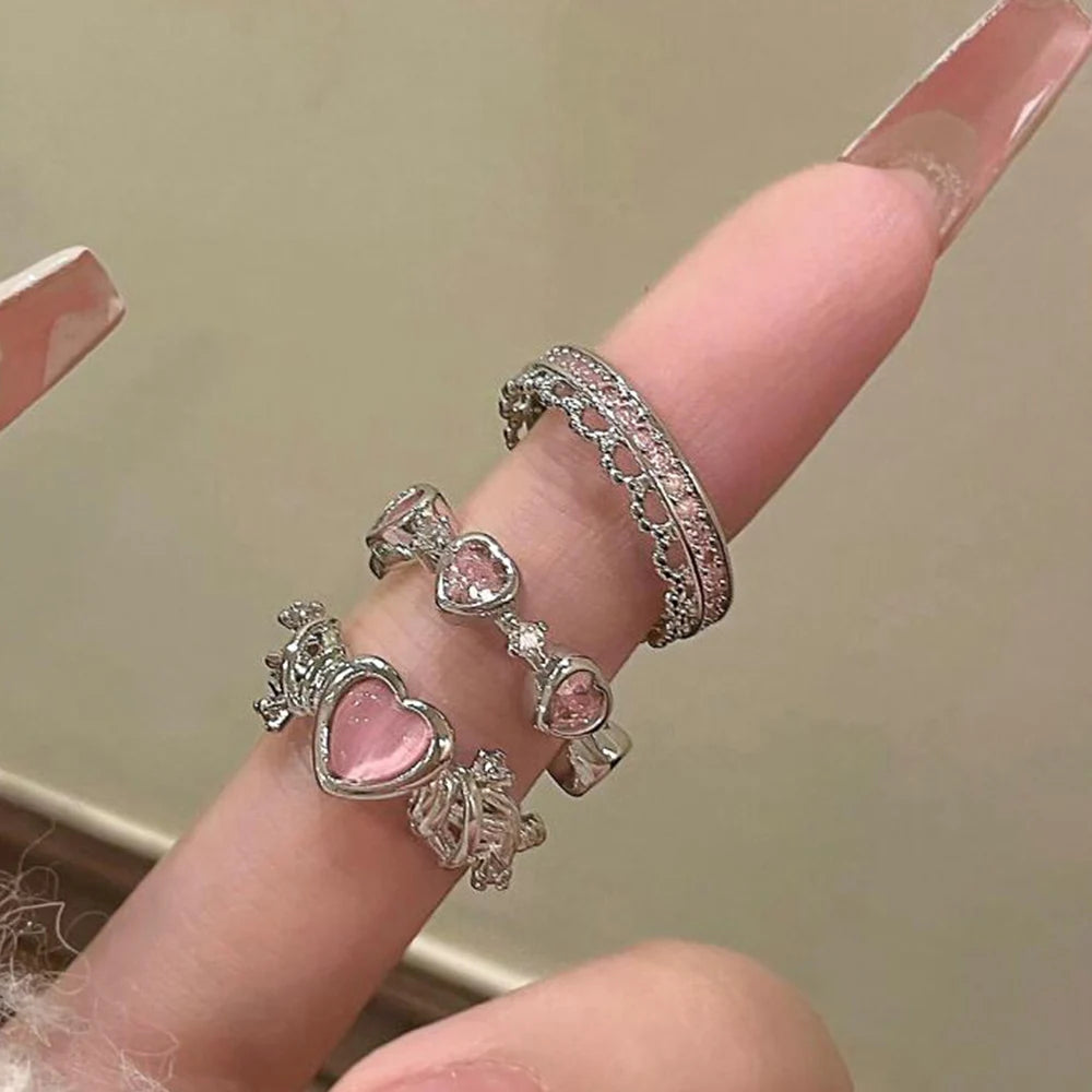 2PCS Fairy Sparkling Crown Rings for Women & Teens, Adjustable Crystal Korean Party Queen Ring Set