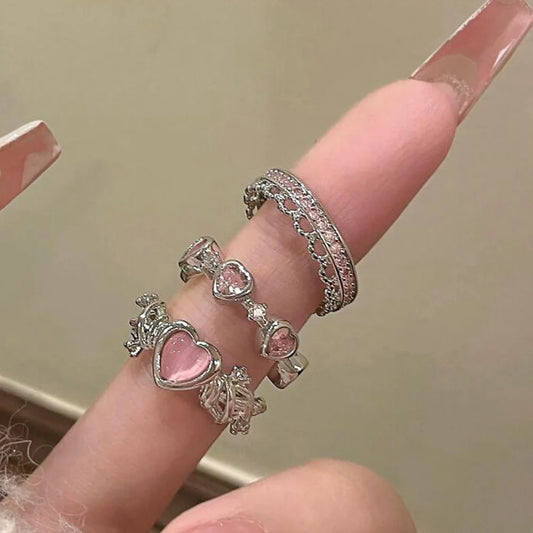 2PCS Fairy Sparkling Crown Rings for Women & Teens, Adjustable Crystal Korean Party Queen Ring Set
