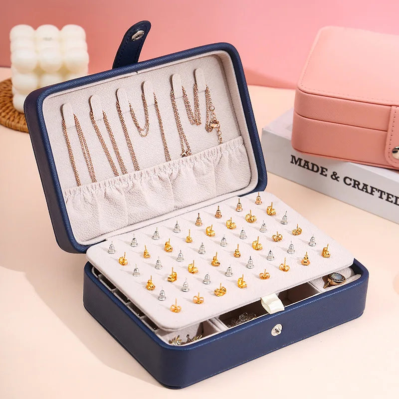 Portable double-layer buttoned jewelry storage box necklace watch, earring ring jewelry