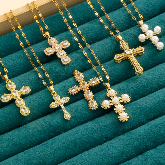 1 pearl shell inlaid zircon cross pendant for women's sexy style stainless steel plated 18k gold necklace
