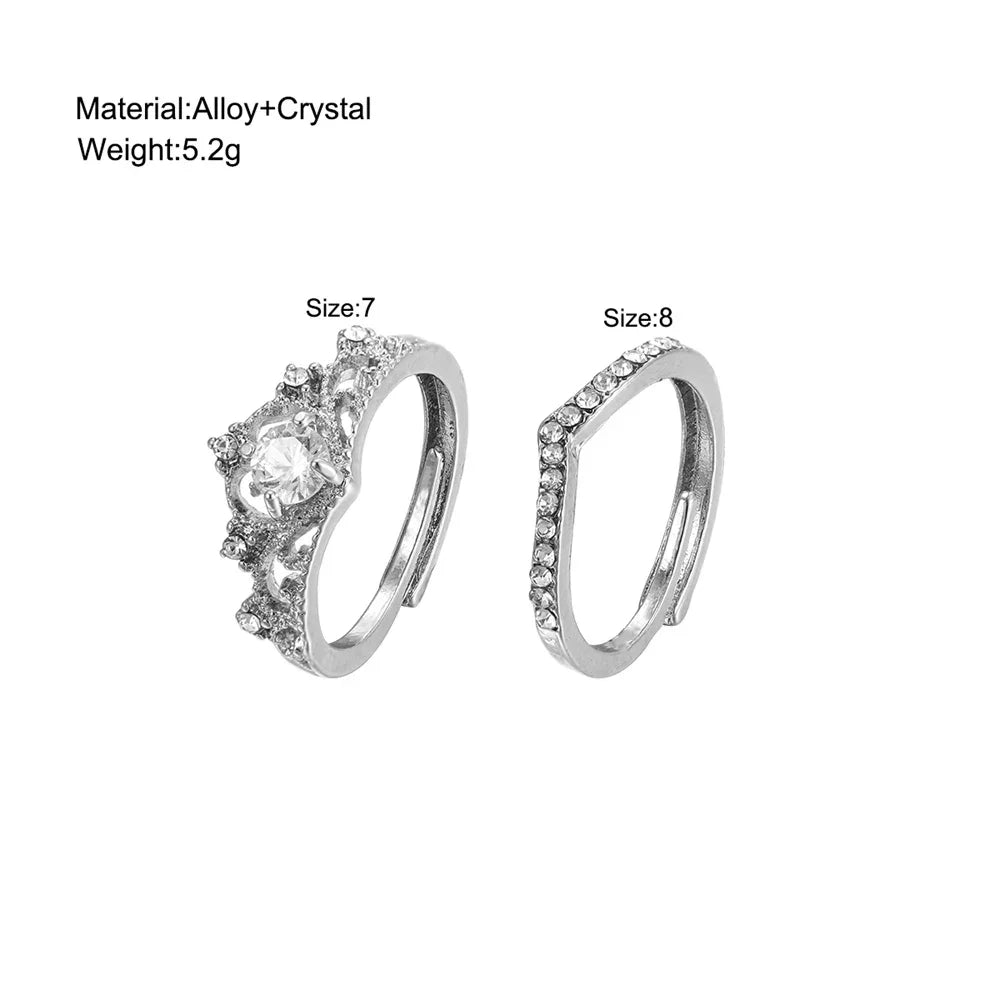 2PCS Fairy Sparkling Crown Rings for Women & Teens, Adjustable Crystal Korean Party Queen Ring Set