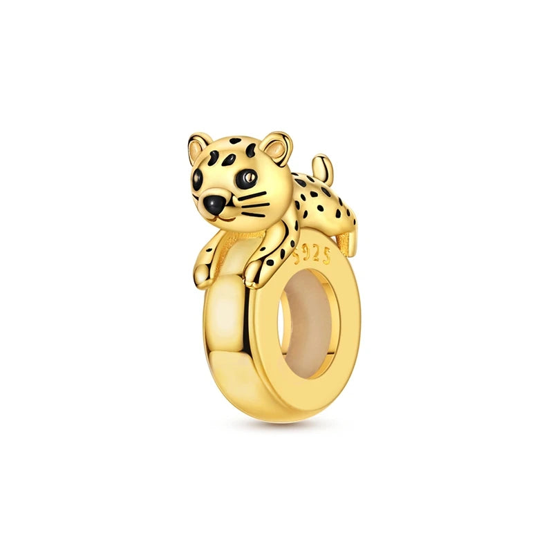 Original 925 Sterling Silver Gold Series DIY Charms Beads Inlaid Zirconium Sun Leopard Pendants Fit Bracelet DIY Jewelry Making