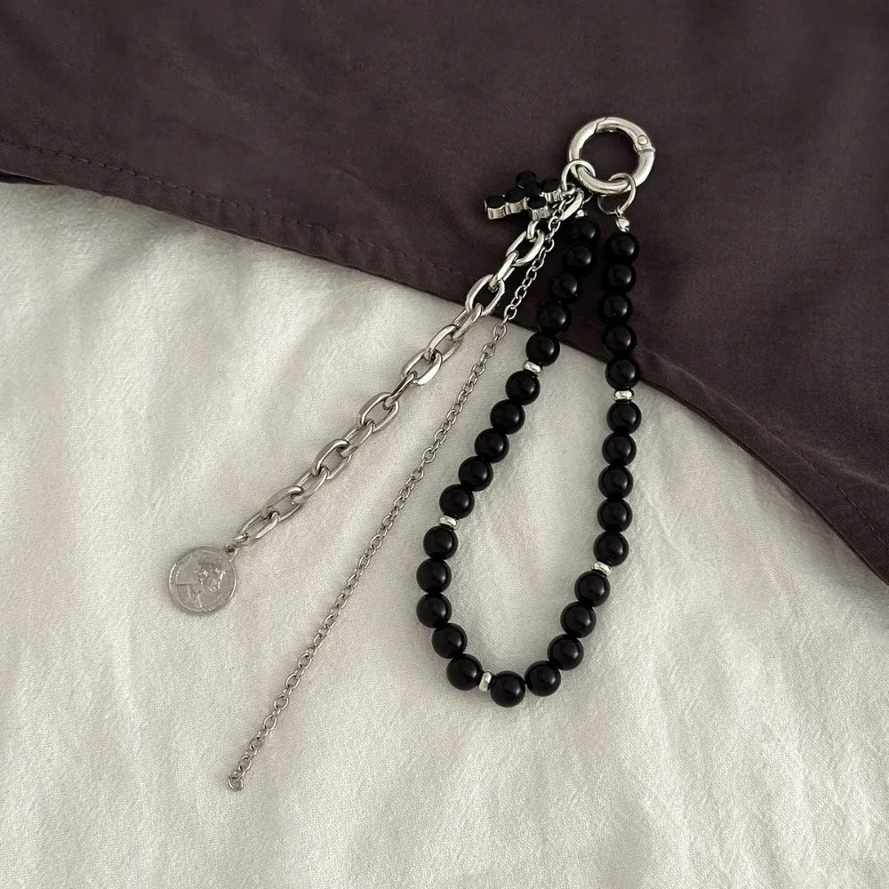 Fashion Metal Pearl Beaded Keychain Peach Heart Shape Tassel Decoration Bead Bag Chain Pendant Jewelry Bag Accessories