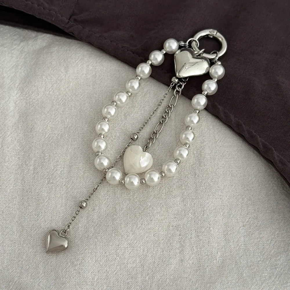 Fashion Metal Pearl Beaded Keychain Peach Heart Shape Tassel Decoration Bead Bag Chain Pendant Jewelry Bag Accessories