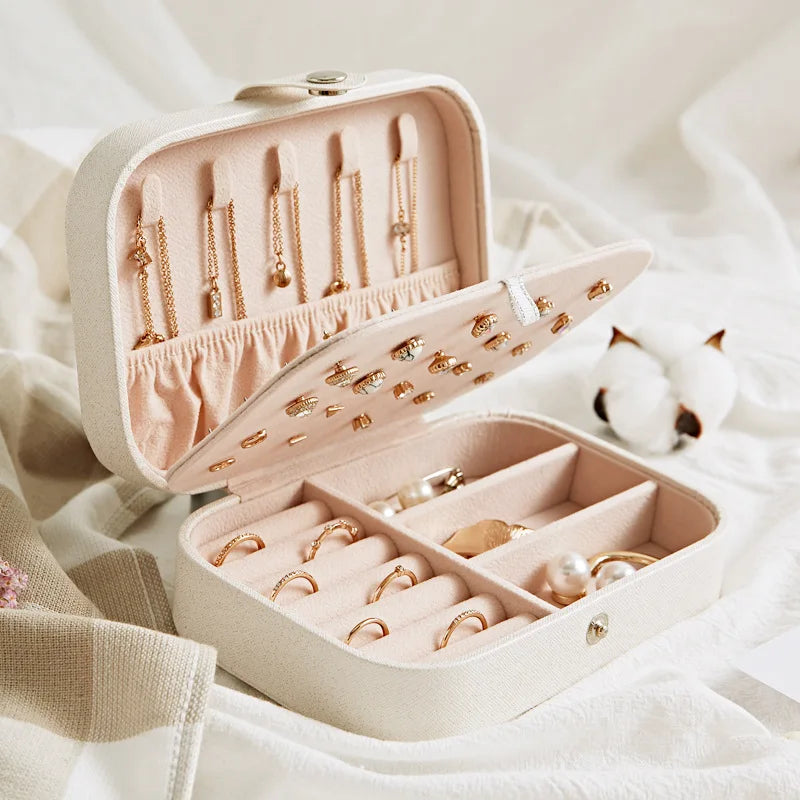 Portable double-layer buttoned jewelry storage box necklace watch, earring ring jewelry