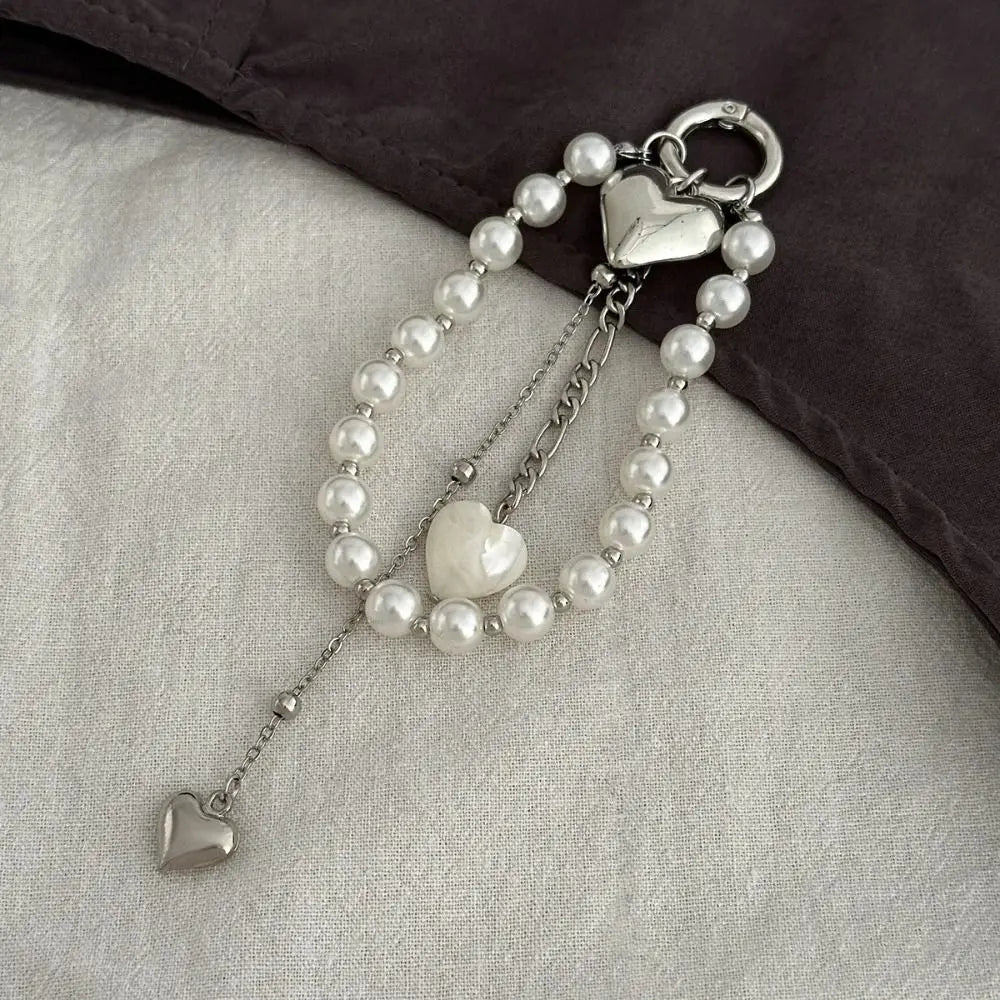 Fashion Metal Pearl Beaded Keychain Peach Heart Shape Tassel Decoration Bead Bag Chain Pendant Jewelry Bag Accessories