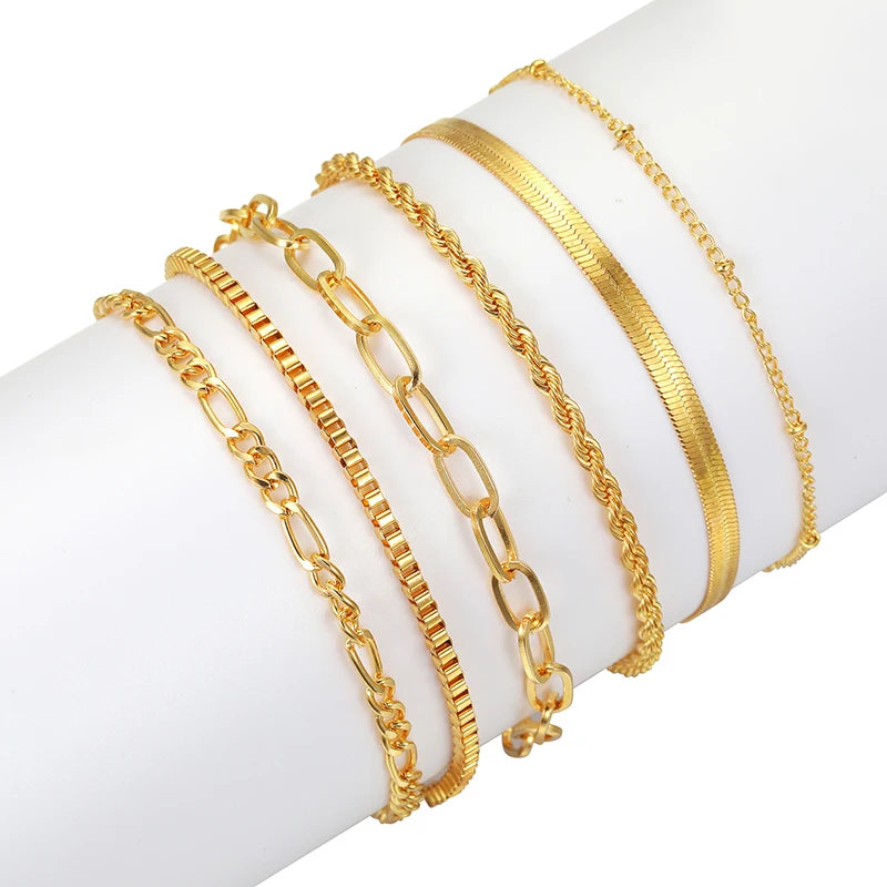 6Pcs/Set Bohemian Multi-layer Thin Chain Bracelets for Women Minimalist Gold Color Metal Bangles Summer Y2K Jewelry Accessories