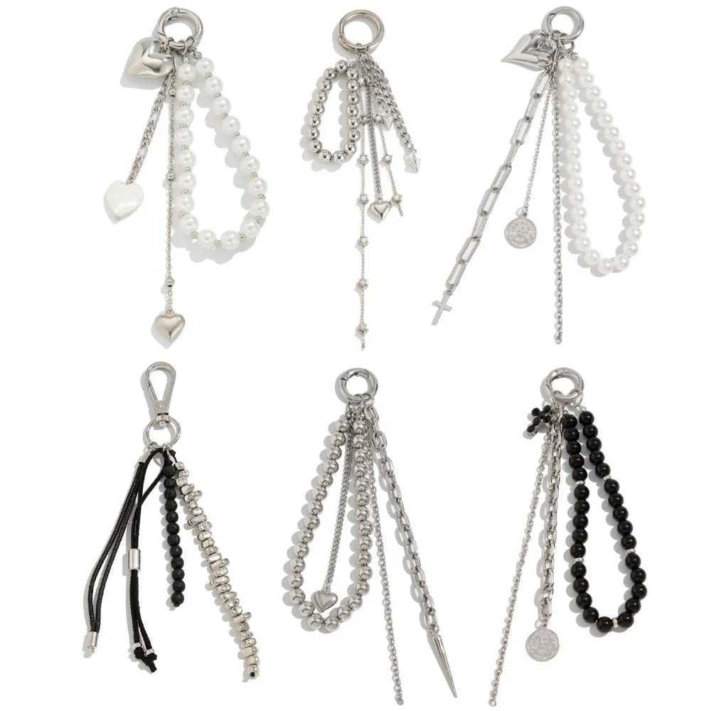 Fashion Metal Pearl Beaded Keychain Peach Heart Shape Tassel Decoration Bead Bag Chain Pendant Jewelry Bag Accessories