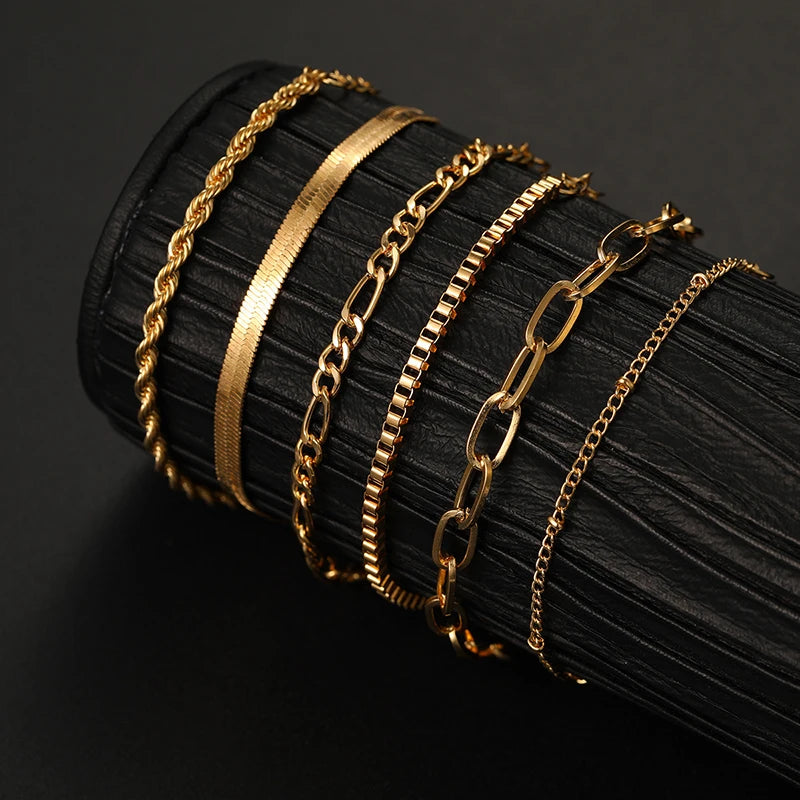 6Pcs/Set Bohemian Multi-layer Thin Chain Bracelets for Women Minimalist Gold Color Metal Bangles Summer Y2K Jewelry Accessories