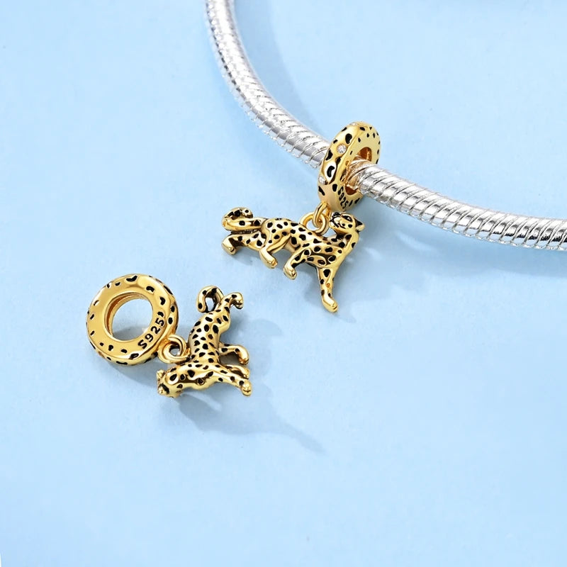 Original 925 Sterling Silver Gold Series DIY Charms Beads Inlaid Zirconium Sun Leopard Pendants Fit Bracelet DIY Jewelry Making