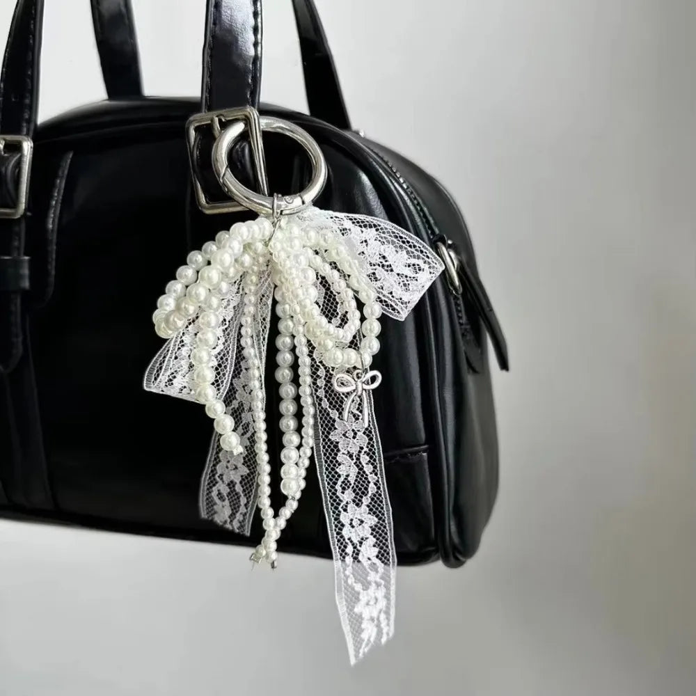 Fashion Metal Pearl Beaded Keychain Peach Heart Shape Tassel Decoration Bead Bag Chain Pendant Jewelry Bag Accessories