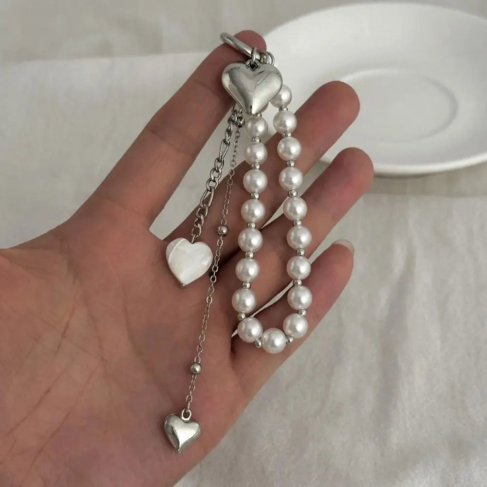 Fashion Metal Pearl Beaded Keychain Peach Heart Shape Tassel Decoration Bead Bag Chain Pendant Jewelry Bag Accessories
