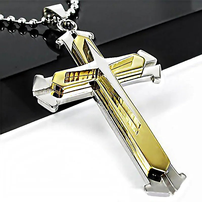 Men’s Stainless Steel Cross Pendant Necklace – CZ Accent, Punk Streetwear Style