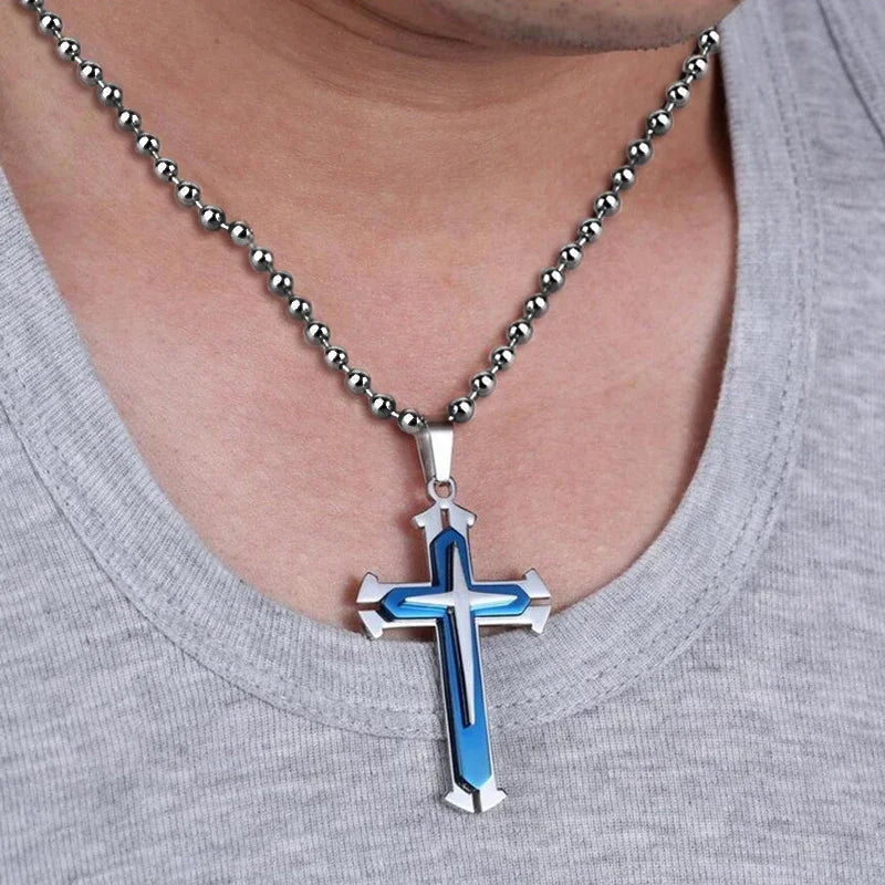Men’s Stainless Steel Cross Pendant Necklace – CZ Accent, Punk Streetwear Style