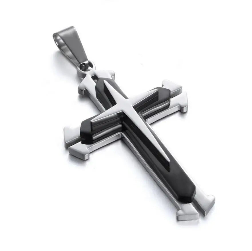 Men’s Stainless Steel Cross Pendant Necklace – CZ Accent, Punk Streetwear Style