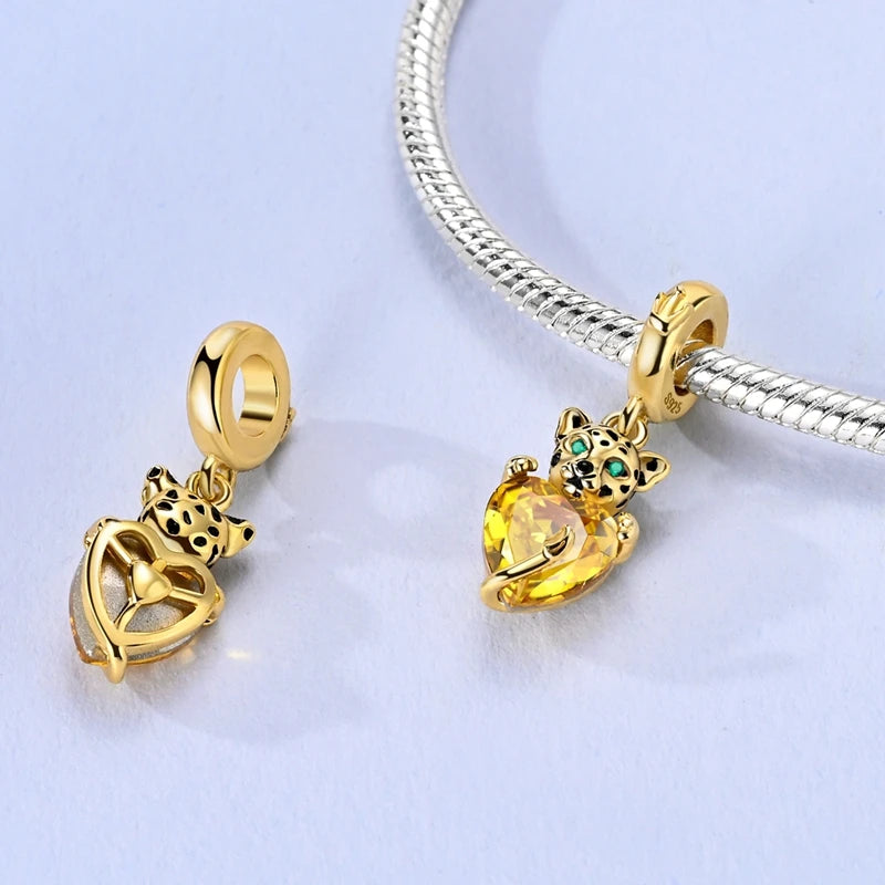 Original 925 Sterling Silver Gold Series DIY Charms Beads Inlaid Zirconium Sun Leopard Pendants Fit Bracelet DIY Jewelry Making