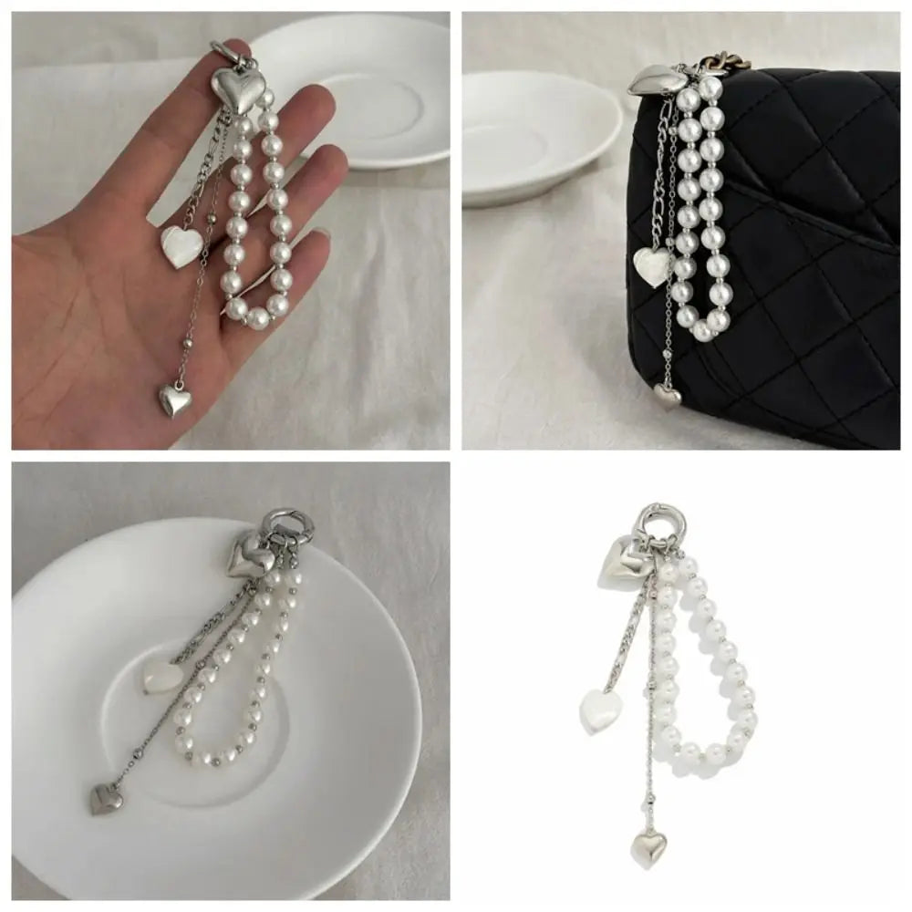 Fashion Metal Pearl Beaded Keychain Peach Heart Shape Tassel Decoration Bead Bag Chain Pendant Jewelry Bag Accessories