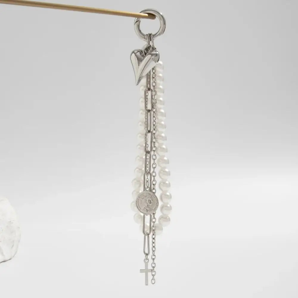 Fashion Metal Pearl Beaded Keychain Peach Heart Shape Tassel Decoration Bead Bag Chain Pendant Jewelry Bag Accessories