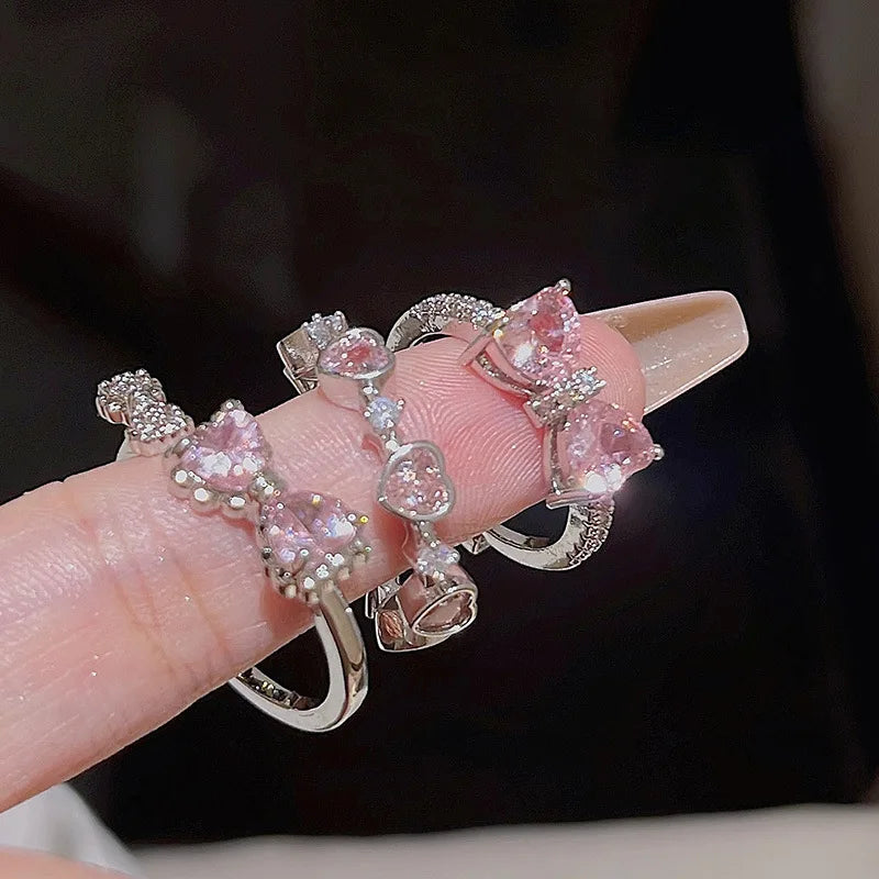 2PCS Fairy Sparkling Crown Rings for Women & Teens, Adjustable Crystal Korean Party Queen Ring Set