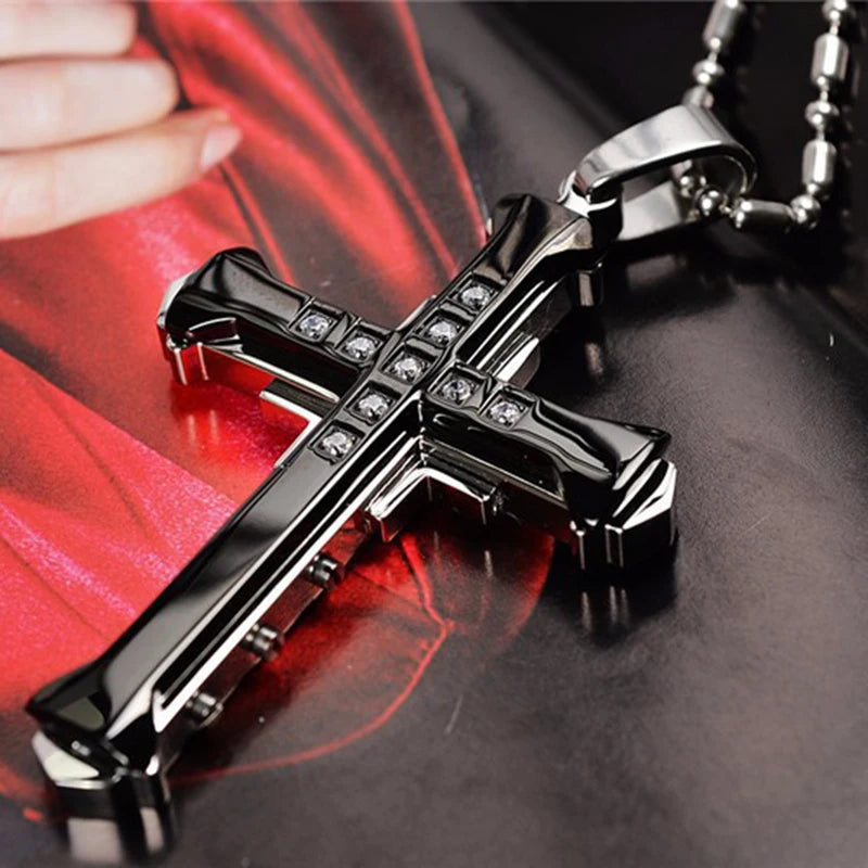 Men’s Stainless Steel Cross Pendant Necklace – CZ Accent, Punk Streetwear Style