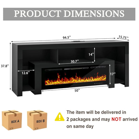 94.5" Fireplace TV Stand with Electric Fireplace & LED Lighting